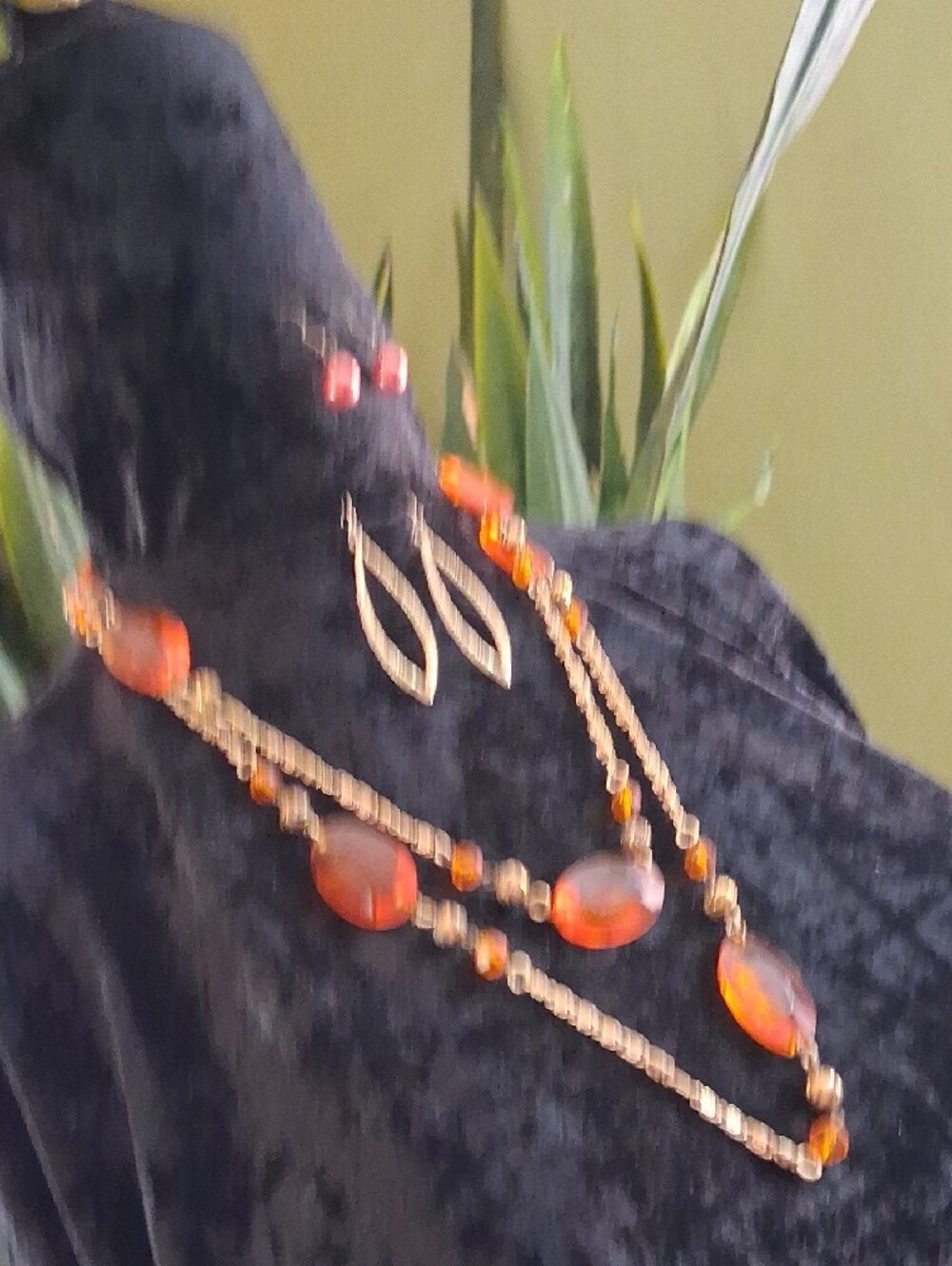 Vintage Gold and Orange Faceted Bead Long Necklace with Earrings - Picture 3 of 11